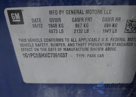 2012 Chevrolet Cruze Ls from USA, damaged, VIN 1G1PC5SHXC7391037